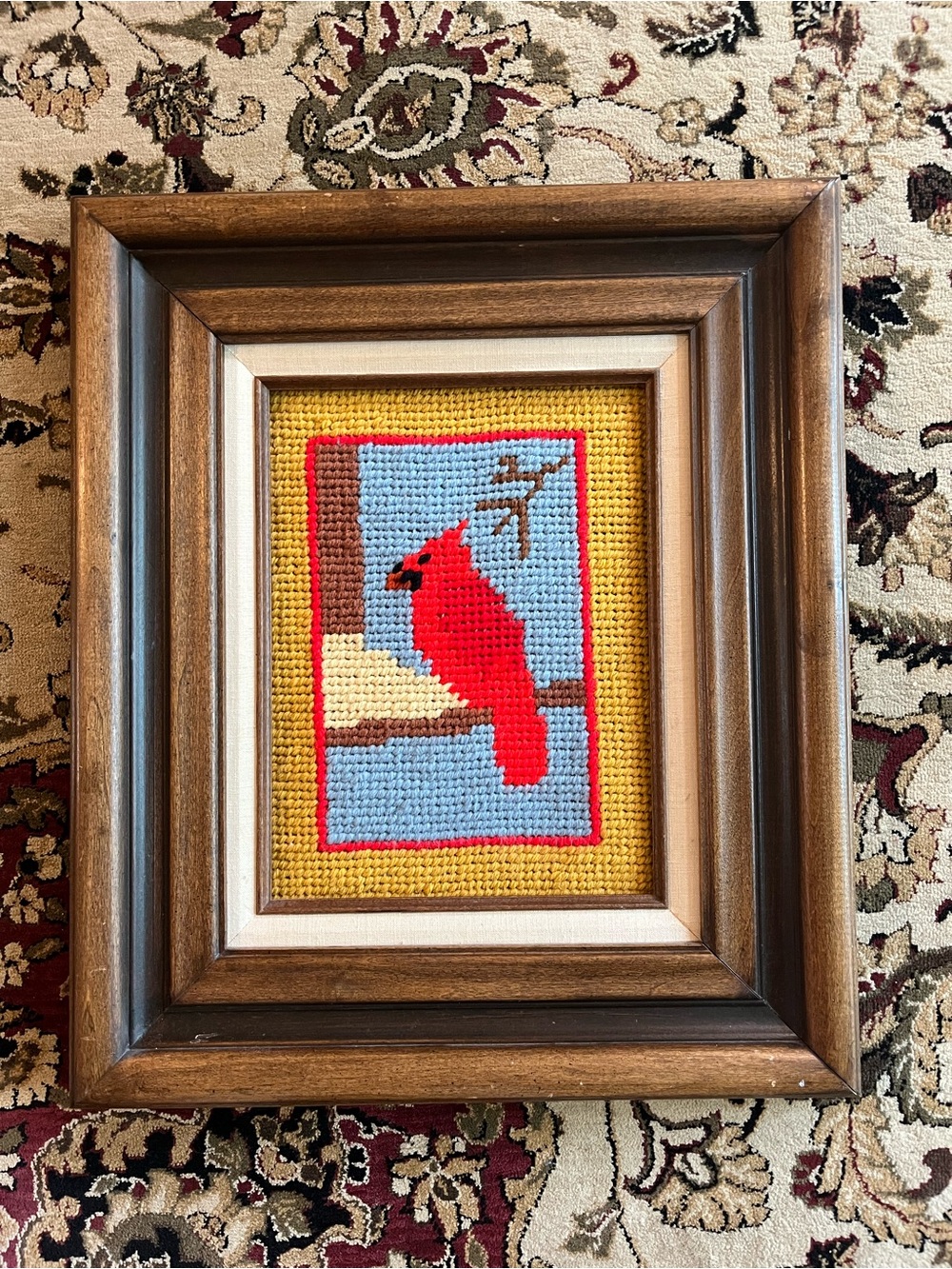 Handmade Red Cardinal Cross-Stitch Wall Art - Pets Bird Decor needle point Vtg